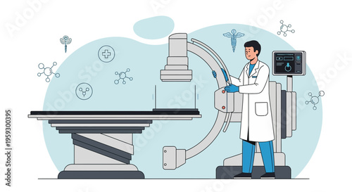 Doctor operating advanced medical imaging equipment in modern clinic, science technology concept