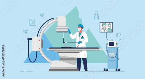 Doctor operating advanced medical equipment in a modern clinic, futuristic healthcare concept