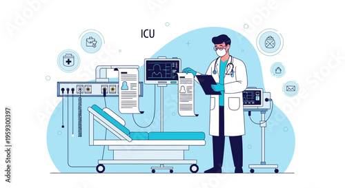 Doctor in ICU with Medical Equipment - Intensive Care Unit Concept