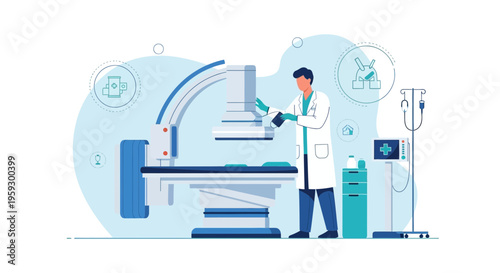 Doctor operating advanced medical imaging equipment in a modern clinic