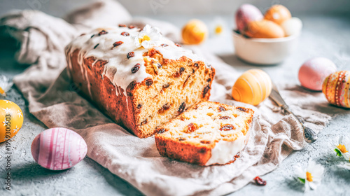 Deliciously sweet Easter bread with icing, colorful eggs, and festive decorations creating a joyful celebration on a cozy table