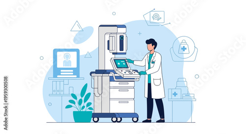 Doctor operating mammography machine for breast cancer screening in clinic