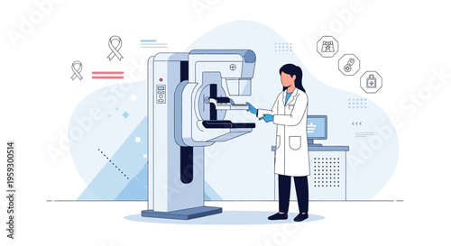 Doctor operating mammography machine for breast cancer screening, medical technology concept
