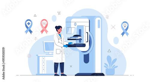 Doctor operating mammography machine for breast cancer screening, medical technology concept