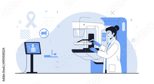 Doctor operating mammography machine for breast cancer screening, medical technology illustration