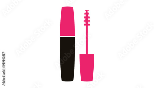 A mascara vector icon with pink and black colors and a brush