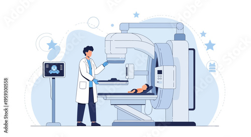 Doctor operating mammography machine for breast cancer screening