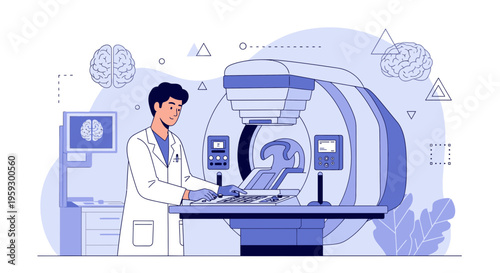 Doctor operating MRI scanner for brain scan, medical technology, healthcare concept