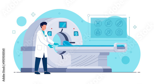 Doctor operating MRI scanner for medical diagnosis in hospital, advanced technology