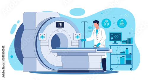 Doctor operating MRI scanner for medical diagnosis and patient care in modern hospital