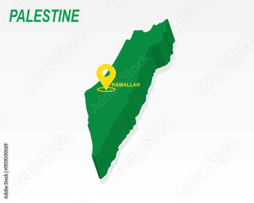 Palestine Map Vector, Ramallah Capital City Marker on Green 3D Country Shape, Palestine Infographic Design, Editable Destination Pointer Palestine Geography