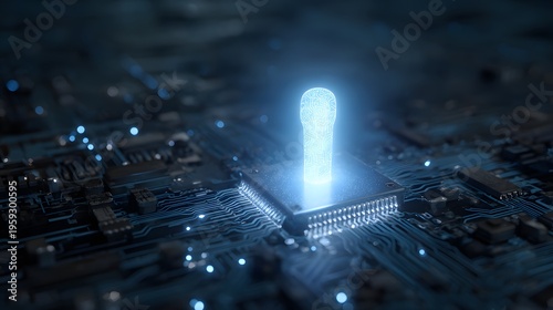 A cybersecurity concept depicting a glowing digital fingerprint on a microchip above a circuit board. This includes biometric authentication, data protection, encryption, and secure access.