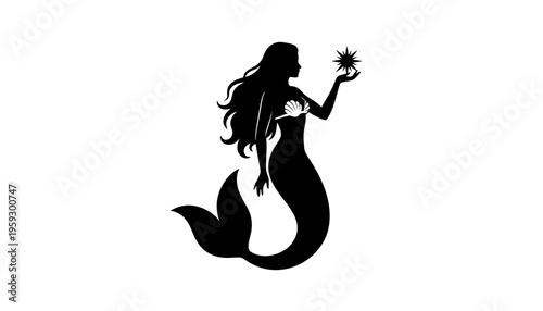 A mermaid silhouette icon holding a starfish on a white background