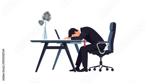 Businessman sitting at desk feeling stressed and overwhelmed at work