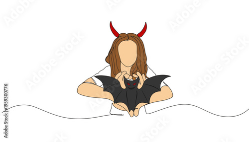 A cartoon devil girl holding a black bat with red horns