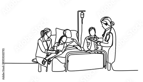 Nurse taking care of a patient in a hospital bed with doctors