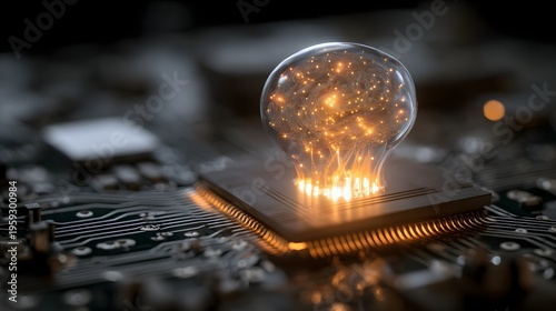 The glowing neural brain within a glass tube on a microchip symbolizes innovation, machine learning, data processing, intelligent technology, and the digital computing systems of the future.