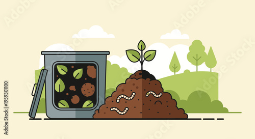Compost bin with rich soil and growing plant illustration.