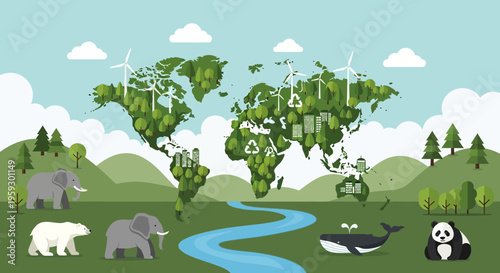 Diverse Animals and World Map Ecosystem Illustration.
