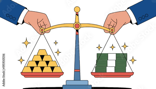A businessman compares gold bars and money on a balance scale