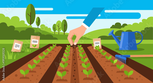 Gardener planting seeds in a row of soil.