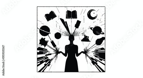 Silhouette of a person with various objects radiating outwards, symbolizing knowledge and creativity.