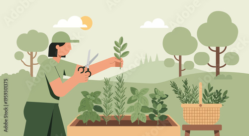 Gardener tending to plants in a raised garden bed.