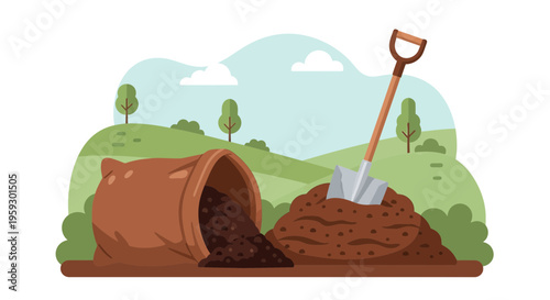 Gardening pot and soil with shovel illustration.