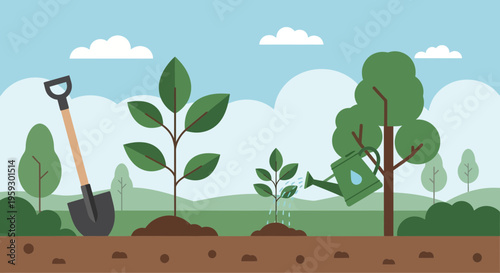 Gardening scene with plants and tools.