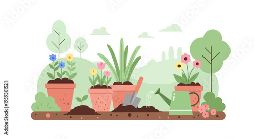 Gardening scene with potted plants and tools.
