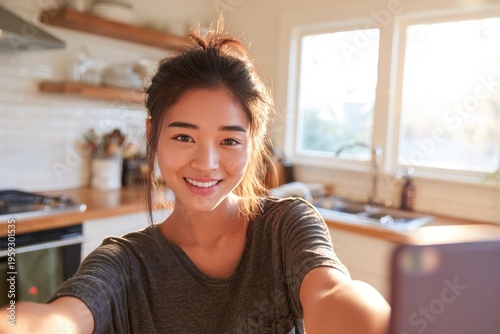 Smiling brown-eyed woman posing for a selfie in a sunlit kitchen