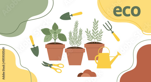 Gardening tools and potted plants illustration 1.