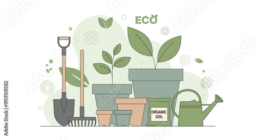 Gardening tools and plants in pots for ecofriendly cultivation.