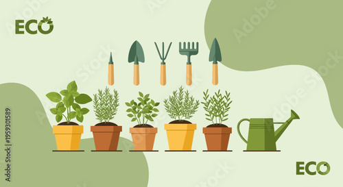 Gardening tools and potted plants illustration.