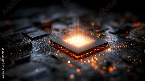 The concept of advanced processor technology, with its luminous microchip core emitting energy onto the circuit board, signifies high-performance computing, data processing, and future digital innovat