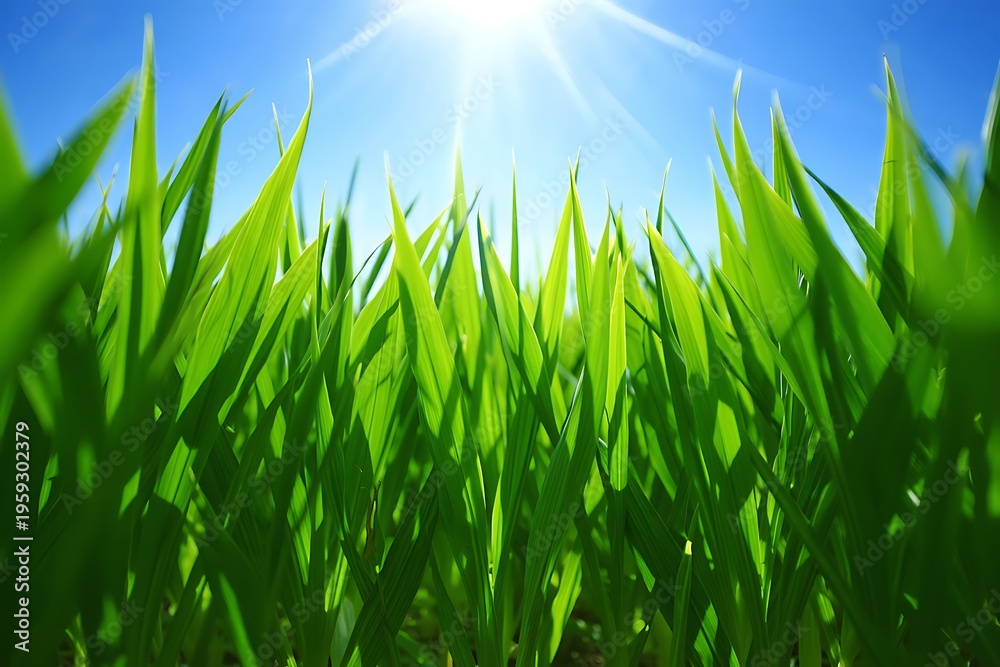 Fototapeta premium Green grass blades swaying gently in sunlight on a sunny day outdoors