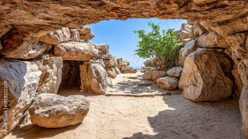 Exploring ancient rock formations under the bright sun in a serene sandy landscape surrounded by nature's beauty