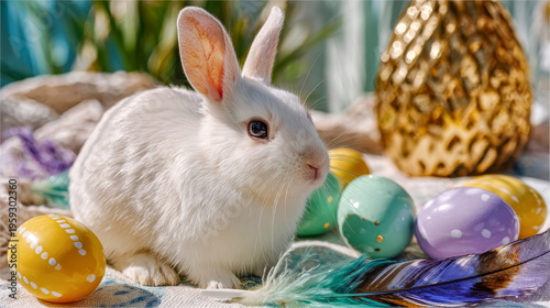 Cute white bunny surrounded by colorful Easter eggs and a shiny golden pineapple in a vibrant spring setting