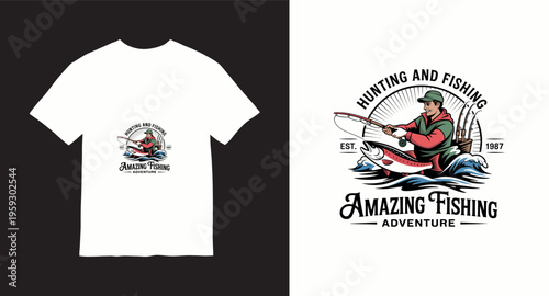 Man fishing for salmon in river with fishing rod and tackle vector illustration