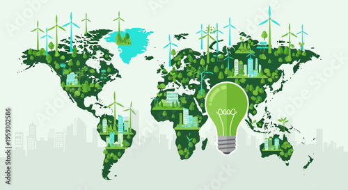 Global Green Energy and Sustainability World Map Illustration.
