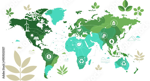 Global Map Illustrating Environmental Sustainability and Green Energy Initiatives.