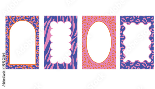A set of colorful animal print photo frames on a white background