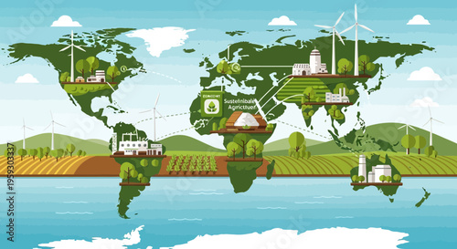 Global map showcasing sustainable ecofriendly cities and renewable energy sources.