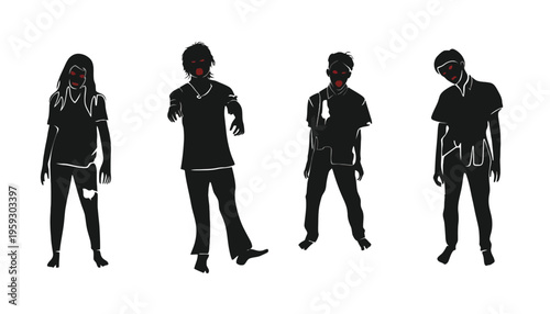 Zombie people silhouettes in various poses on white background