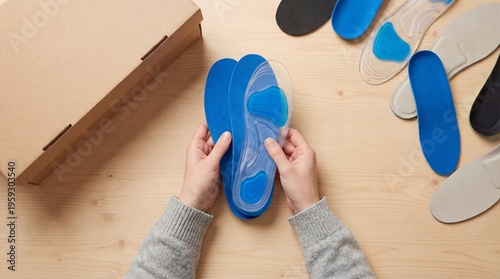 Top-Down View of Hands Arranging a Pair of Blue Silicone Gel Insoles