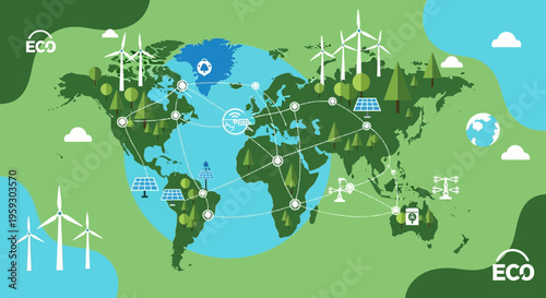 Global renewable energy sources and sustainable development concepts illustrated on world map.