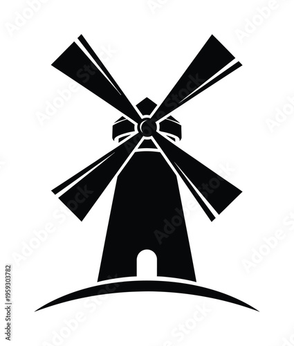 Vector of a traditional windmill on a hill with rotating blades