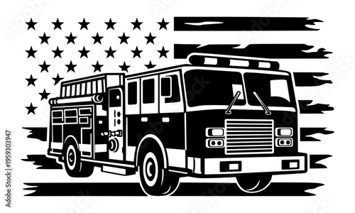 Fire Truck American Flag Silhouette, Distressed USA Flag With Emergency Rescue Vehicle, Firefighter Support Graphic, Thin Red Line Art