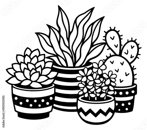 Collection Of Potted Cacti And Succulents With Decorative Patterns, Desert Botanical Houseplants, Minimalist Nature Illustration, Line Art