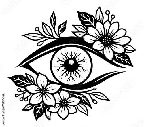 Mystical Human Eye Surrounded By Blooming Flowers And Leaves, Artistic Vision Concept, Floral Eyeball Illustration, Spiritual Nature Art